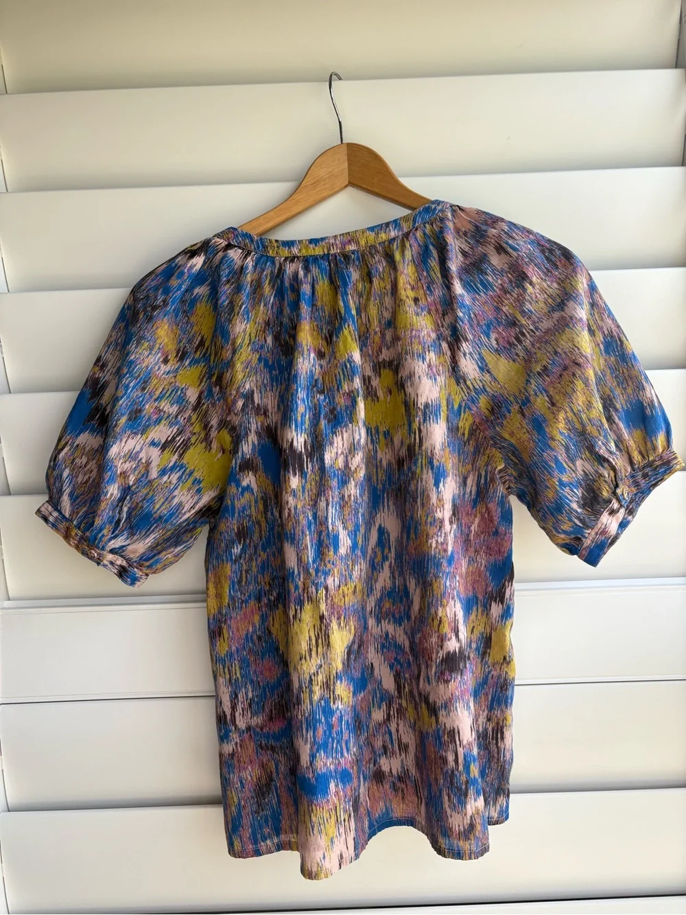 Cleobella Organic Cotton Multicolor Abstract Puff-Sleeve Blouse Blue/Yellow/Pink